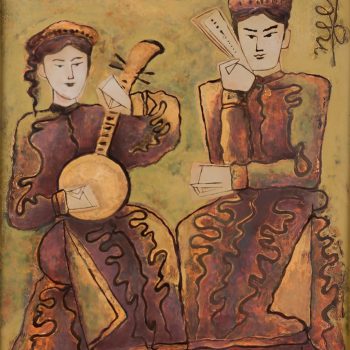 Kiều và Kim Trọng (1987), Sơn mài, 70 x 50 cm, Nguyễn Tư Nghiêm