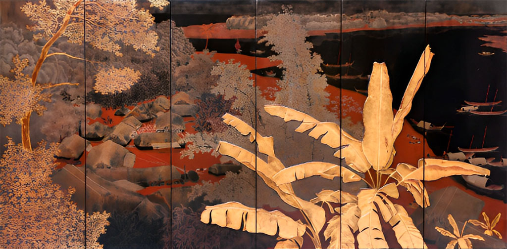 Phong cảnh sông Mekong với một ngôi làng (1943), Sơn mài, 97.5 x 192 cm, Lê Quốc Lộc