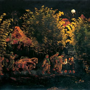 Qua bản cũ (1957), Sơn mài, 91.8 x 130.2 cm, Lê Quốc Lộc
