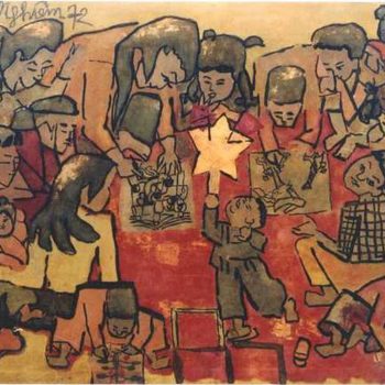 Trẻ em vui chơi (1972), Sơn mài, 60 x 89.8 cm, Nguyễn Tư Nghiêm