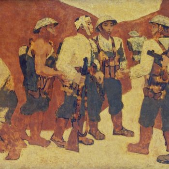 Kết nạp Đảng ở Điện Biên Phủ (1963), Sơn mài, 112.3 x 180 cm, Nguyễn Sáng