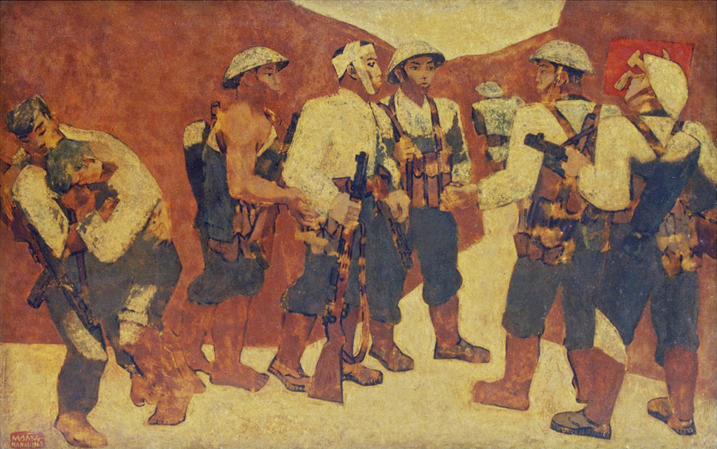 Kết nạp Đảng ở Điện Biên Phủ (1963), Sơn mài, 112.3 x 180 cm, Nguyễn Sáng