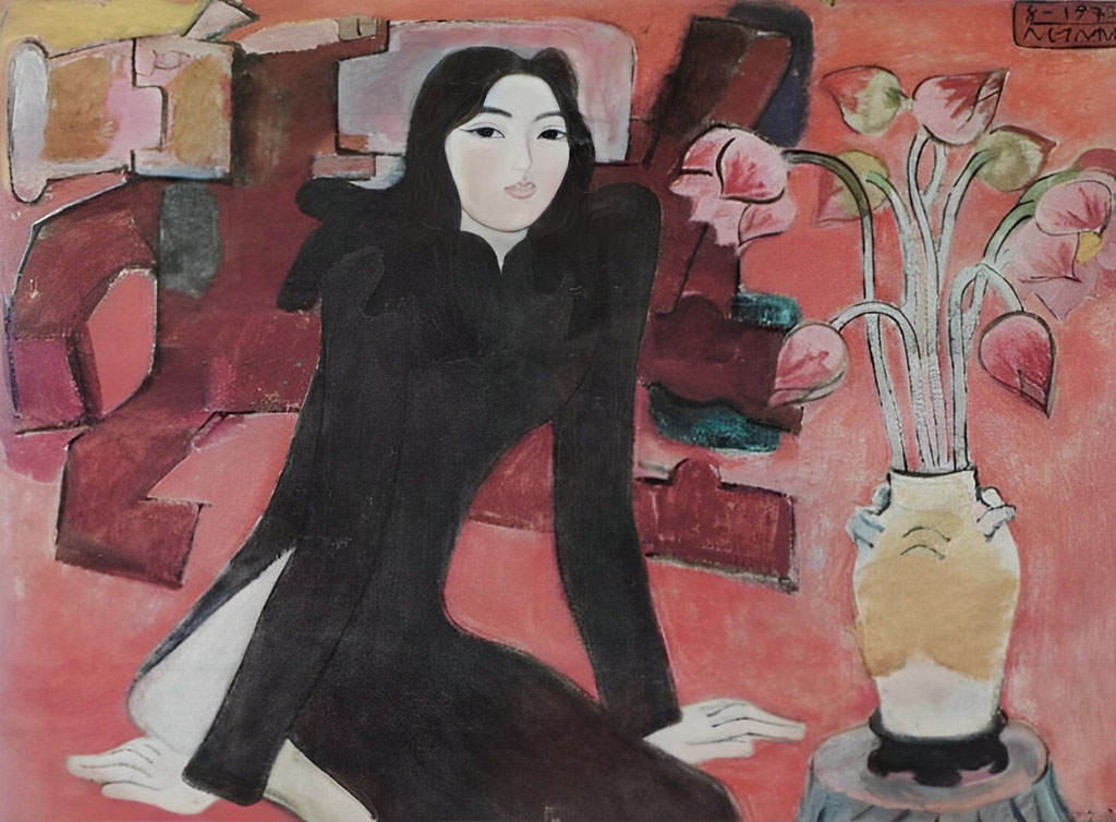 Thiếu nữ và hoa sen (1972), Sơn dầu, 94 x 127.5 cm, Nguyễn Sáng