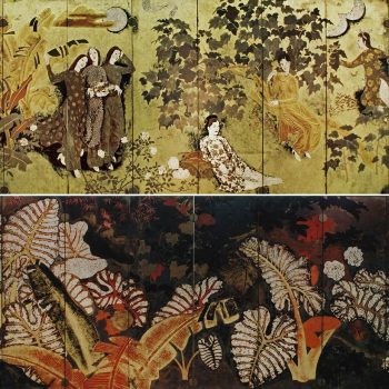 Bình phong (1939) - Thiếu nữ trong vườn và Phong cảnh (Dọc mùng), Sơn mài, 2x(159 x 400 cm), Nguyễn Gia Trí