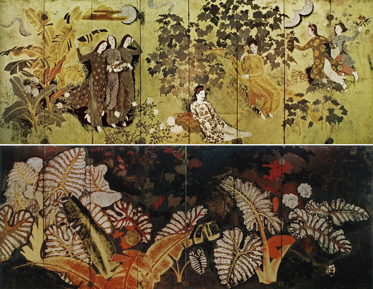 Bình phong (1939) - Thiếu nữ trong vườn và Phong cảnh (Dọc mùng), Sơn mài, 2x(159 x 400 cm), Nguyễn Gia Trí