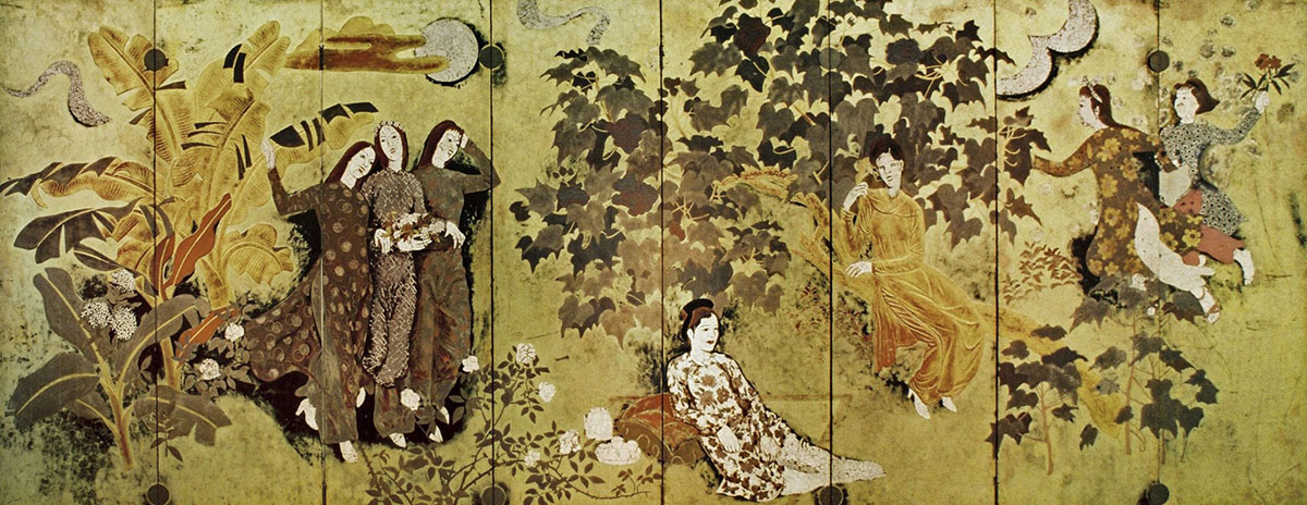 Thiếu nữ trong vườn (1939), Sơn mài, 159 x 400 cm, Nguyễn Gia Trí