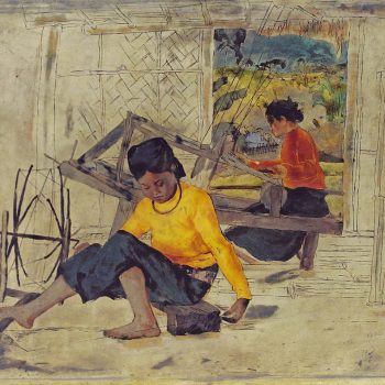 Dệt cửi quay tơ (1957), Sơn mài, 55.8 x 70 cm, Nguyễn Đức Nùng