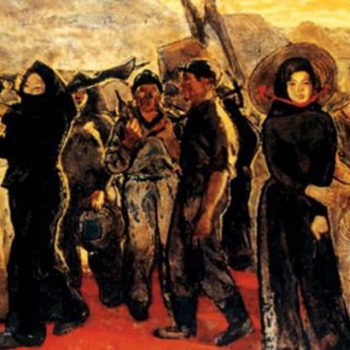 Đổi ca (1963), Sơn mài, 75 x 100 cm, Nguyễn Sỹ Ngọc