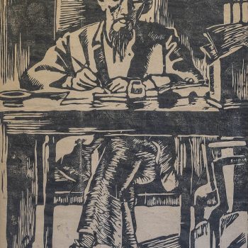 Hồ Chủ tịch làm việc ở Bắc Bộ phủ (1946), Khắc gỗ, 59.5 x 41.5 cm, Tô Ngọc Vân