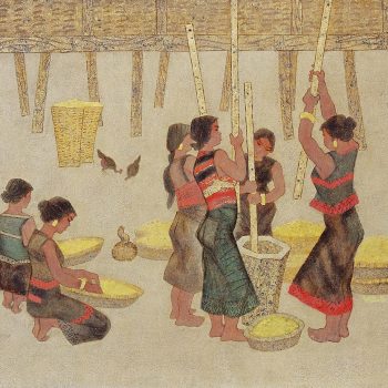 Làm gạo (1980), Sơn mài, 60 x 80 cm, Nguyễn Thế Vinh