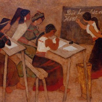 Lớp học bổ túc ở Tây Nguyên (1975), Sơn mài, 58.5 x 85 cm, Nguyễn Thế Vinh