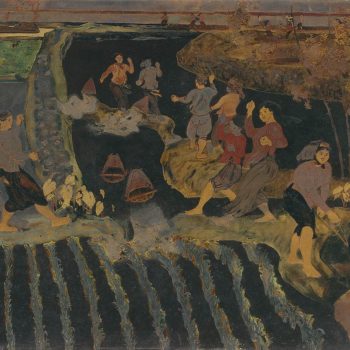 Tát nước đồng chiêm (1958), Sơn mài, 60.5 x 92 cm, Trần Văn Cẩn